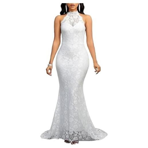 oytto abiti in pizzo per le donne senza maniche maxi abito sexy halter neck slit abito vintage per cocktail party prom sera abiti da sposa ospiti, bianco, s