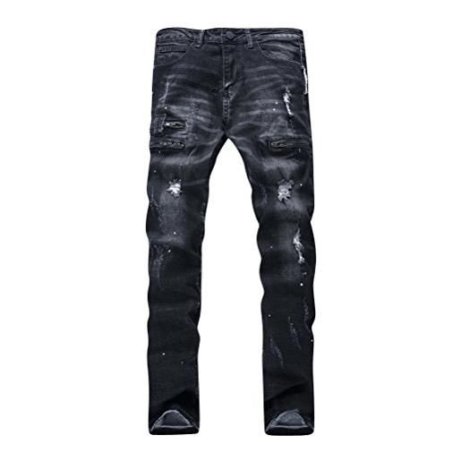 DianShao uomo classico 5 tasca vintage ripped casuale jeans destroyed strappati denim pantaloni nero 32