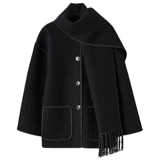 ERISAMO giacca da donna oversize ricamata a girocollo in lana a maniche lunghe con nappe, capispalla invernale, nero , s-xl