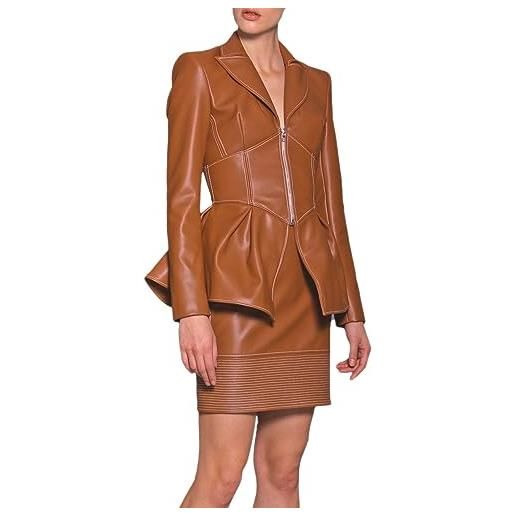 XTBFOOJ giubbotto moto vera pelle giacca di pelle oversize donna giacca in pelle vintage cappotto in pelle stile giacca in pu a maniche lunghe da donna maglia primaverile (brown-2, s)