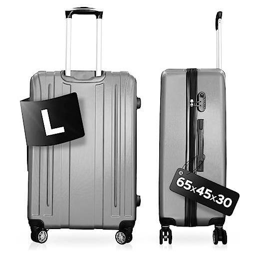 DS-Lux valigia da viaggio di alta qualità, rigida, trolley trolley a mano, in plastica abs con serratura tsa, 4 ruote spinner (s-m-l-set), grigio. , l, fornito con ruote girevoli