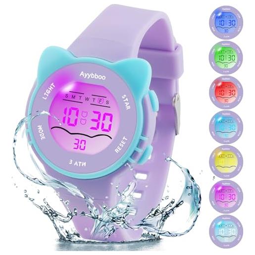 Ayybboo orologio per bambini, illuminato a 7 colori, digitale impermeabile 3atm da 4 a 12 anni (viola)