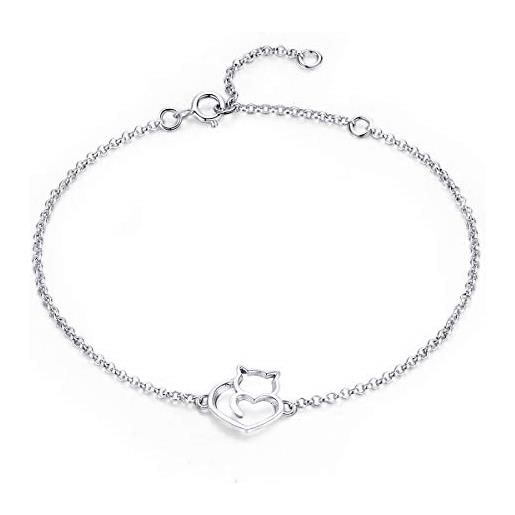 Newl 100% in argento sterling 925 gatto e cuore catena di collegamento bracciali & braccialetti per le donne autentico argento jewelry gift