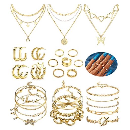 Morfetto 38 pz gioielli in oro set per le donne 3 pz layered collane 4 pairs orecchini a cerchio set 17 pz knuckle anelli per le donne 14 pz braccialetto d'oro set gioielli in oro regalo oro