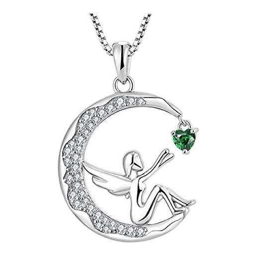 FJ collana angelo custode donna argento 925 collana con ciondolo fata luna collana maggio pietra portafortuna smeraldo gioielli regalo per donna