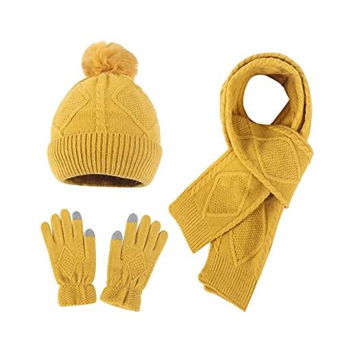 HANXIULIN set di cappelli, sciarpe, guanti invernali, berretto da donna, caldo, set di sciarpe, maschera protettiva e berretto a maglia, in due pezzi, per esterni, berretto da sci, giallo. , taglia