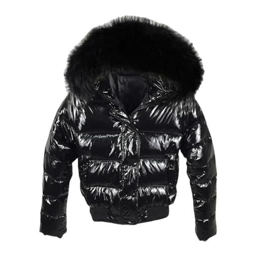Tdvcpmkk piumino da donna brillante in morbida ovatta con pelliccia sintetica, giacca corta imbottita e calda, nero 2, xxl