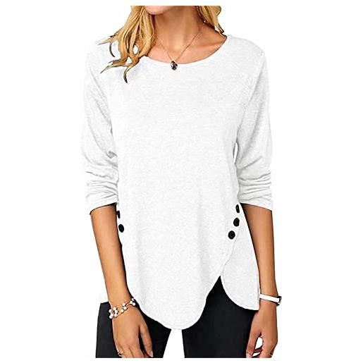 ASKSA t-shirt da donna a maniche lunghe con scollo tondo magliette lunghe larghe tunica camicetta con bottoni (bianco, m)