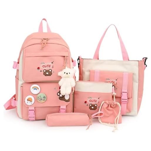 ELicna kawaii backpack 5pcs set - cute aesthetic school bag with plush pendants, high capacity, nylon material - perfect for teen girls, anime fans - pink kawaii backpack for school & daily use