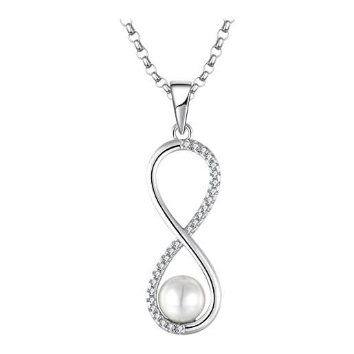 JO WISDOM collana di perle swarovski 6mm infinito argento 925 donna, ciondolo con catena zirconia cubica 3a