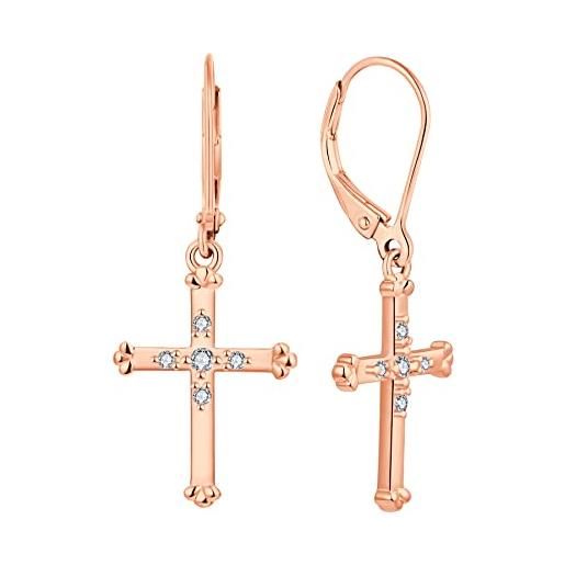 JO WISDOM orecchini a croce crocifisso in argento 925 donna con 3a zirconia cubica con placcato oro rosa, gesù gioielli per le donne