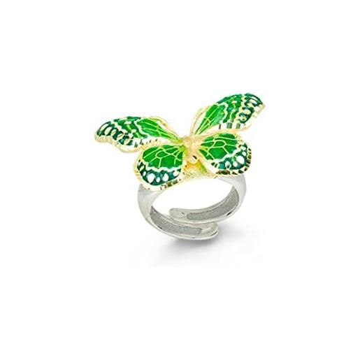 Artlinea, anello in argento 925, gioiello in argento dorato a forma di farfalla, smalto verde eseguito a mano, con club zirconia, misura 14, made in italy