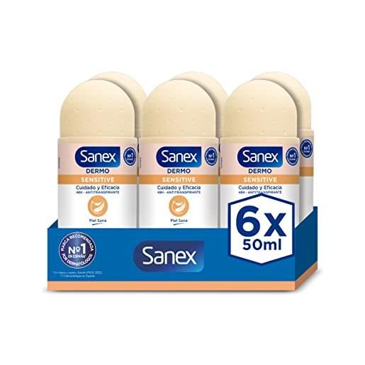 Sanex dermo sensitive deodorante roll-on, 6 pz x 50 ml, anti-traspirante, fino a 48h protezione contro il sudore e l'odore, morbido con la pelle sensibile, ripristina il ph naturale della pelle