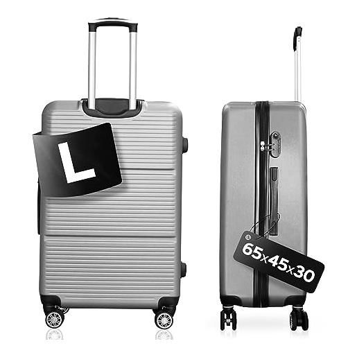 DS-Lux valigia da viaggio di alta qualità, rigida, trolley trolley a mano, in plastica abs con serratura tsa, 4 ruote spinner (s-m-l-set), grigio v2, l, valigetta