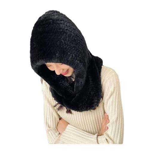 Ownwfeat cappello da donna in vera pelliccia lavorata a maglia, sciarpa con cappuccio, lungo inverno, caldo cappello di paglia in pelliccia con collo e sciarpa