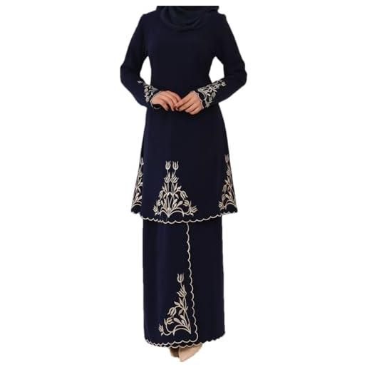 Generic 2 pezzi abaya set dubai turchia islam musulmano set manica lunga camicetta top e gonna set per le donne, blu scuro, s