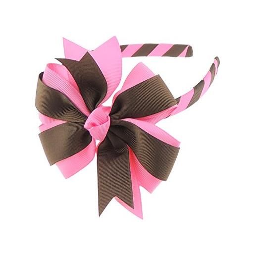 Glamour Girlz cerchietto con fiocco in gros grain grande da 1 cm per ragazze, per feste e scuola, a righe (rosa cioccolato)