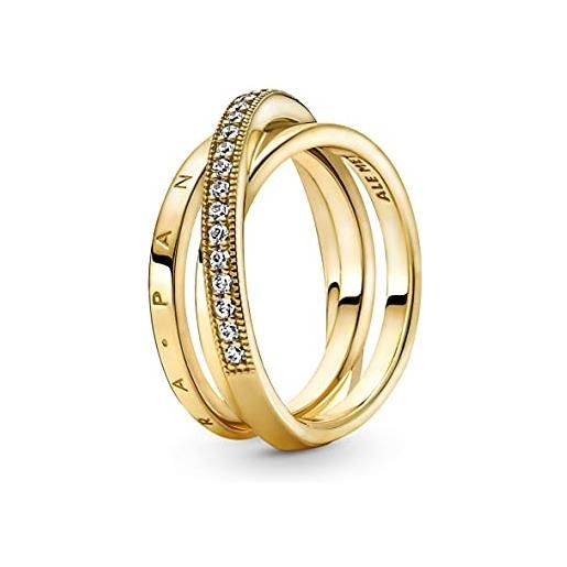 Pandora signature anello con pavé incrociato a tripla banda placcato in oro 14k con zirconi cubici trasparenti, 52