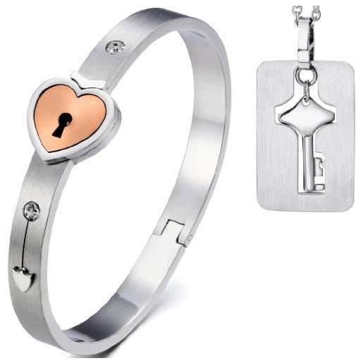 JewelryWe gioielli bracciale e collana da uomo donna 2pezzi acciaio inossidabile amore cuore serratura bracciale & chiave pendente colore argento oro rosa