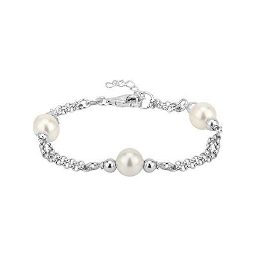 Vanbelle argent sterling - tampon plaqué rhodium - chaîne double couche avec bracelet en fausses perles - élégant fabriqué à la main - pour femme - longueur 16,5 + rallonge de 2,5