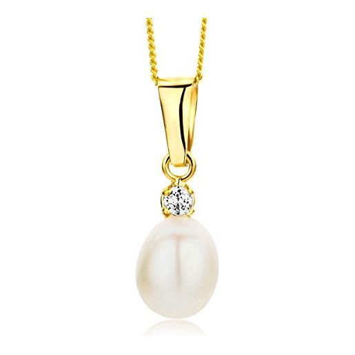 Orovi collana pendente donna con perle d'acqua dolce bianche e zircone taglio brillante in oro giallo 9 kt 375 catena 45 cm