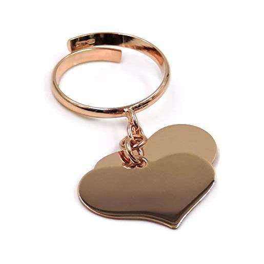 Damiano Argenti anello in argento 925 placcato oro rosa con due ciondoli pendenti a forma di cuore personalizzabili con incisione gratuita argento