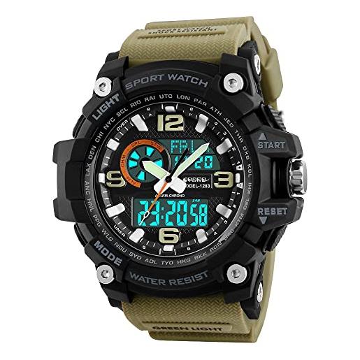 Yapeach orologio sportivo Yapeach analogico digitale da uomo 50 m impermeabile militare schermo led grande viso cronometro allarme, khaki/ nero