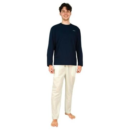 lunon pigiama lungo da uomo, 100% cotone, a maniche lunghe, pijama for men, design senza tempo, adatto per inverno ed estate (set da 2 pezzi), set classy (blu), l