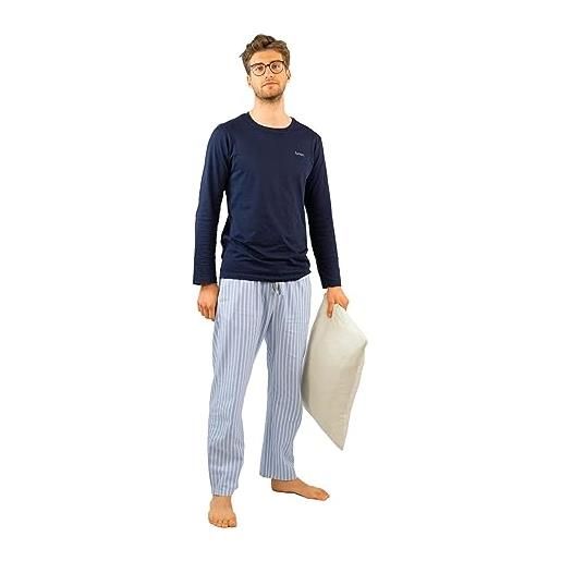 lunon pigiama lungo da uomo, 100% cotone, a maniche lunghe, pijama for men, design senza tempo, adatto per inverno ed estate (set da 2 pezzi), set classy (blu), l