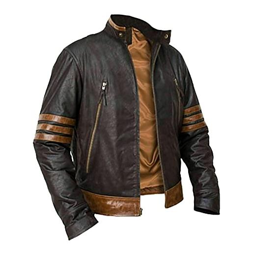 JACKETZONE giacca in pelle a righe marrone wolverine | giacca x-men origins hugh jackman, marrone - ecopelle, xl