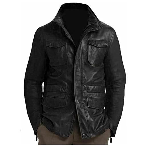 HiFacon giacca in vera pelle marrone campo giacca in pelle cappotto m65, nero - field jacket, l