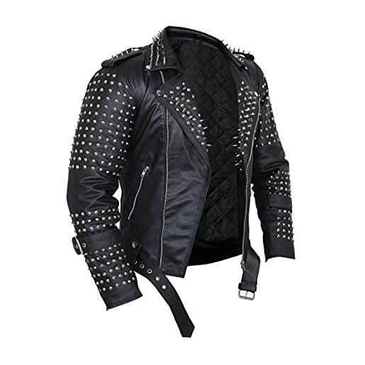 HiFacon - giacca da uomo in pelle punk nera con punte café racer, argento borchiato uomo giacca, studded - real leather jacket, xl