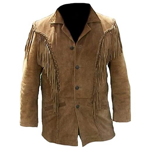 JACKETZONE giacca in pelle con frange da cowboy invernale da uomo western | cappotto in pelle scamosciata con frange, marrone - giacca in camoscio, xl