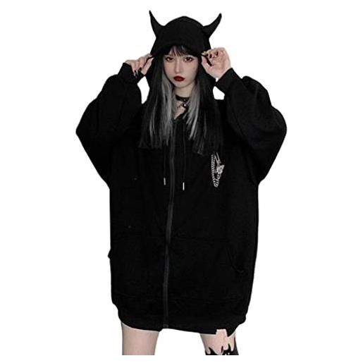 ShapeW donne gotico punk nero manica lunga felpe con cappuccio giacca harajuku diavolo corna zip up felpa cappotto oversize allentato outwear, bk, xxx-large