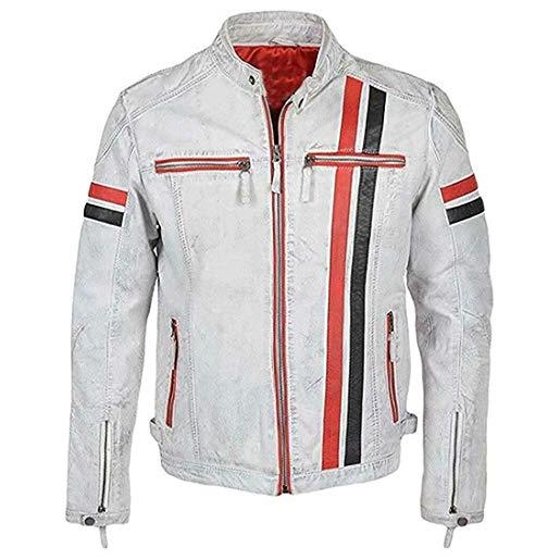 HiFacon giacca da motociclista da uomo, in pelle bianca, stile vintage, cafe racer - bianco - small