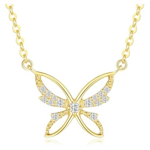 FANCIME collana da donna in oro giallo 14 k 585, con ciondolo a farfalla, per san valentino, per donne, ragazze, vero diamante naturale, lunghezza della catena: 40 + 5 cm, diamante