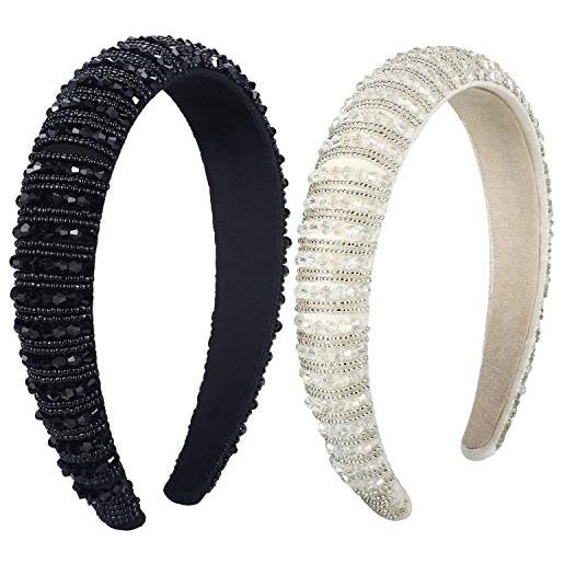 WILLBOND 2 pezzi cerchietti di strass di cristallo fascia di capelli larghi imbottita in velluto copricapo da sposa accessori per capelli da sposa per donne (nero, bianco)