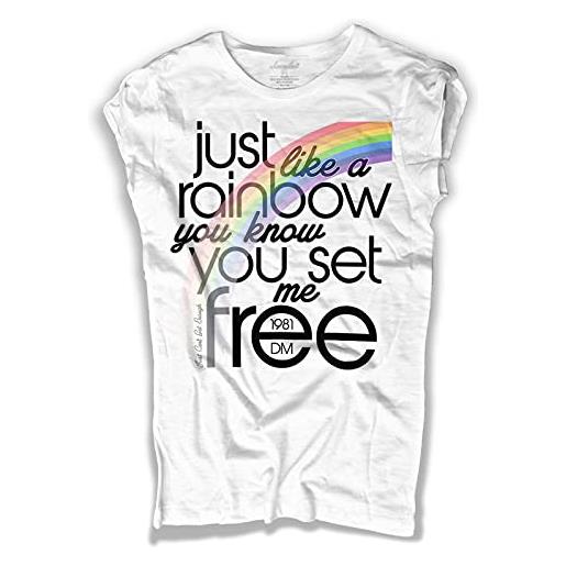 3styler t-shirt donna bianca just can't get enough - just like a rainbow you know you set me free - mode shirt - linea amazink - cotone fiammato (slub) 150 gr/mq (s, bianco)