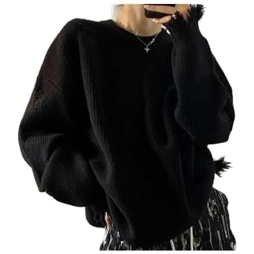 CABULE maglione lavorato a maglia nero punk stile gotico da donna oversize o-collo gotico pullover lavorato a maglia grunge moda coreana top a maniche lunghe-nero-l