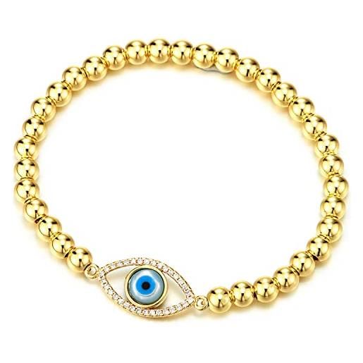 COOLSTEELANDBEYOND colore oro protezione malocchio bracciale perline da donna uomo, braccialetto di fascino con zirconi