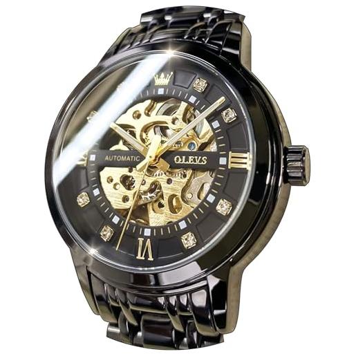 OLEVS orologi da uomo automatici scheletro oro nero orologio meccanico orologio da polso con diamante impermeabile luminoso orologio da uomo, 9901 nero, bracciale