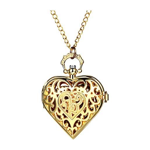 Avaner orologio da taschino da taschino vintage scheletro inciso fiore ciondolo cuore con collana maglione per moda unisex oro come regalo, cuore