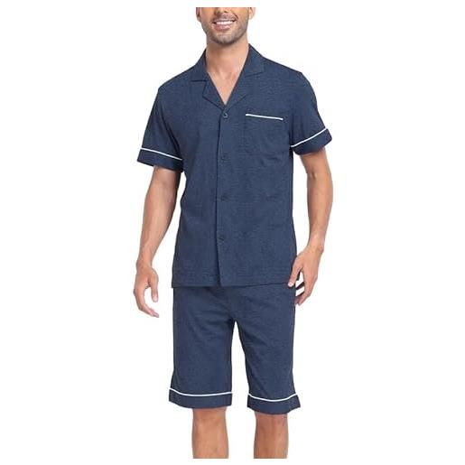 COLORFULLEAF pigiama corto da uomo, 100% cotone, set da due pezzi, a maniche corte, con tasca, taglia s-xl, blu scuro, s
