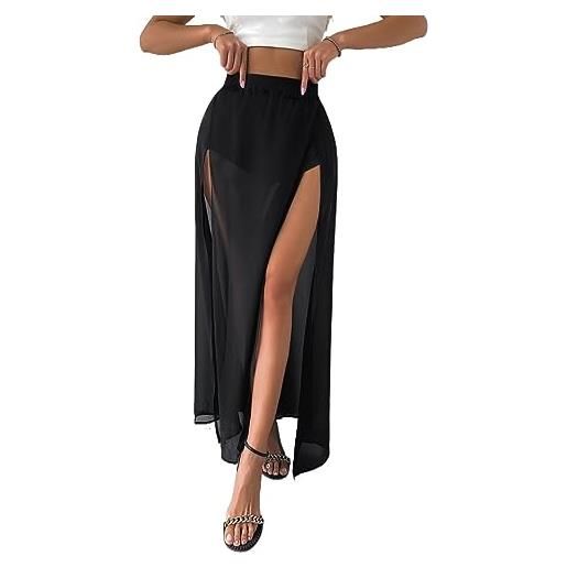 DIERAN women's summer casual skirts solid slit thigh elastic waist maxi skirt high waist for beach