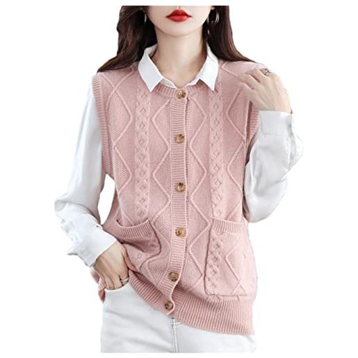 Vsadsau donne 100% lana merino senza maniche cardigan maglione lavorato a maglia tasche pullover gilet, rosa, xl