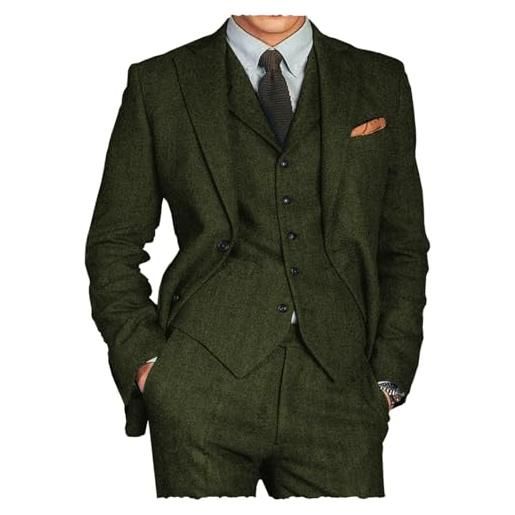 Tiavllya uomo tweed herringbone 3 pezzi abiti matrimonio vestito formale business smoking lana blazer gilet pantaloni set, verde militare, 44