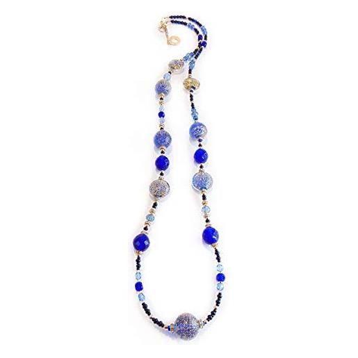 VENEZIA CLASSICA - collana da donna lunga con perle in vetro di murano originale, collezione linde, blu con foglia in oro 24kt, made in italy certificato