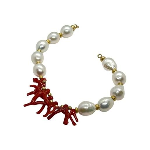 sicilia bedda - bracciale in corallo rosso del mediterraneo - argento 925 - prodotto realizzato a mano - idea regalo (perle barocche e frangia di corallo)