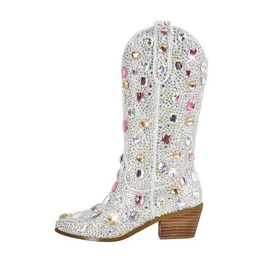 MissHeel cowboy boots - stivaletti lucidi con tacco a imbuto, con brillantini, con pietre decorative, argento, 45 eu