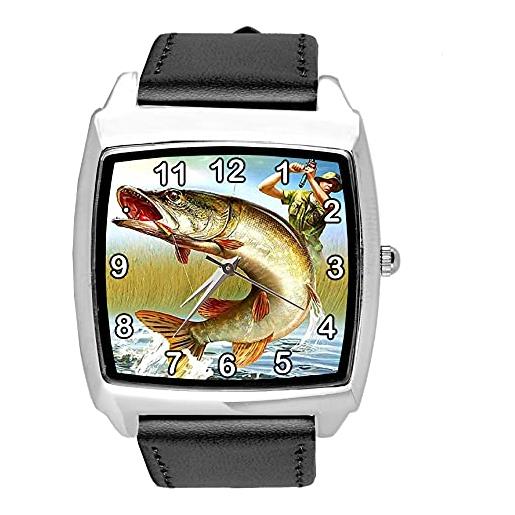 Taport® orologio quadrato in pelle nera al quarzo per appassionati di pesca e3